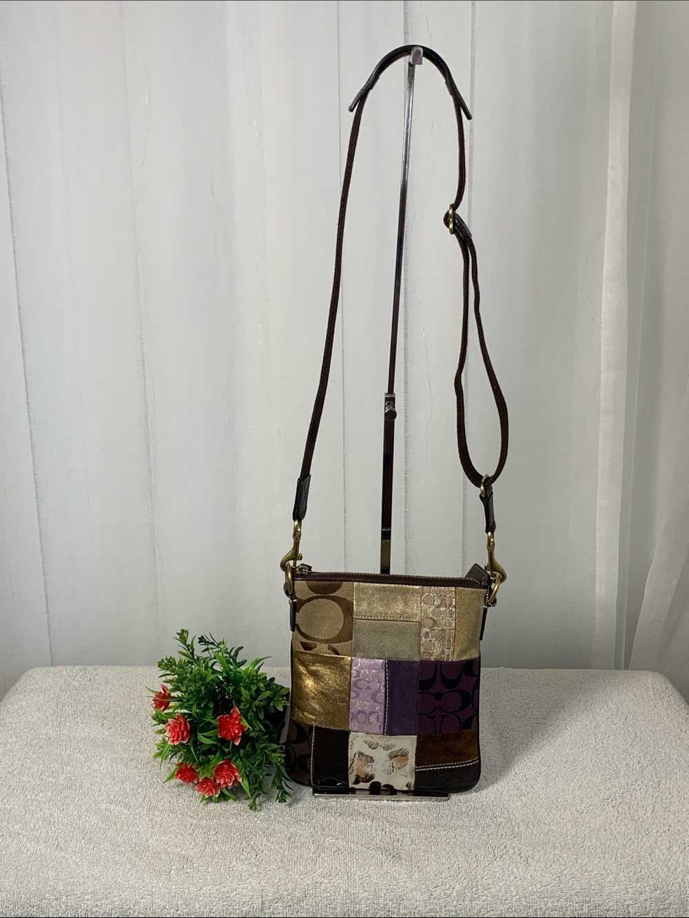 GUC Coach Brown & Gold Patchwork Crossbody Bag